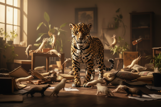 Fierce Jaguar in a room full of ferrets