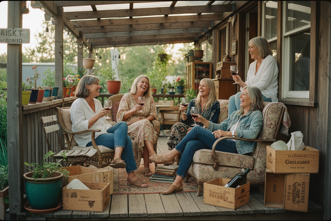 best friends enjoying wine on their deck