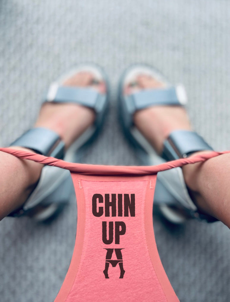 Woman wearing Daily Briefs with the secret message "Chin Up"