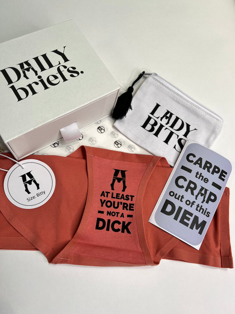 the whole package gift box for women including daily briefs underwear, carpe diem sticker, lady bits free gift and our custom gift box