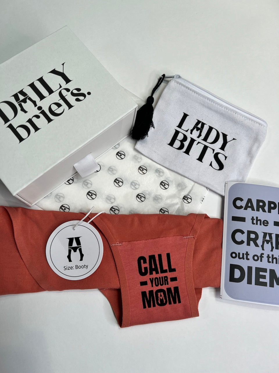 Call Your Mom daily briefs the whole package gift box for women including daily briefs underwear, carpe diem sticker, lady bits free gift and our custom gift box for daughters going to college
