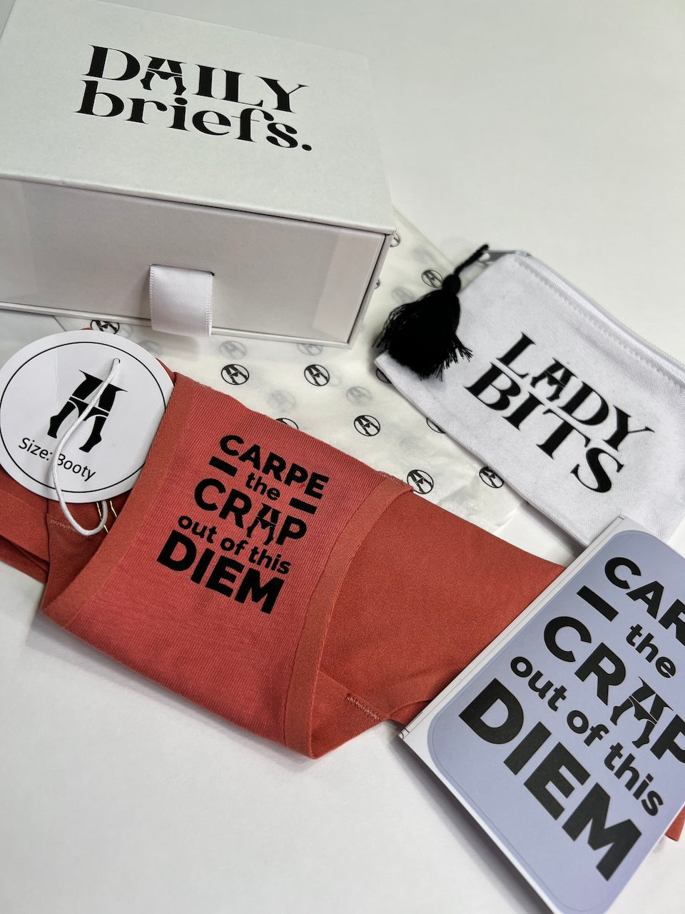 the whole package gift box for women including daily briefs underwear, carpe diem sticker, lady bits free gift and our custom gift box