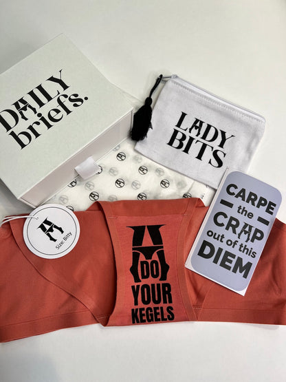 the whole package gift box for women including daily briefs underwear, carpe diem sticker, lady bits free gift and our custom gift box
