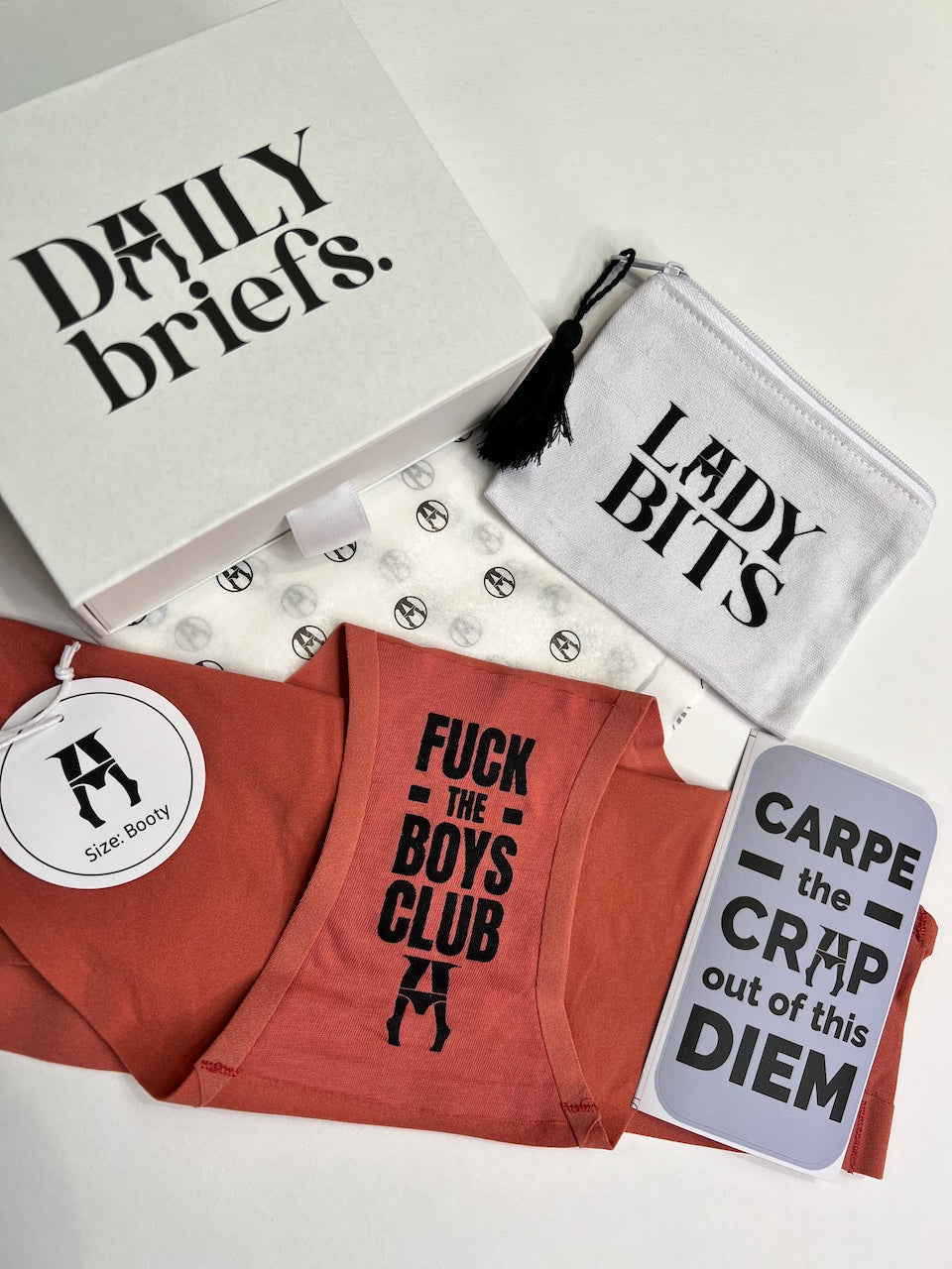 the whole package gift box for women including daily briefs underwear, carpe diem sticker, lady bits free gift and our custom gift box