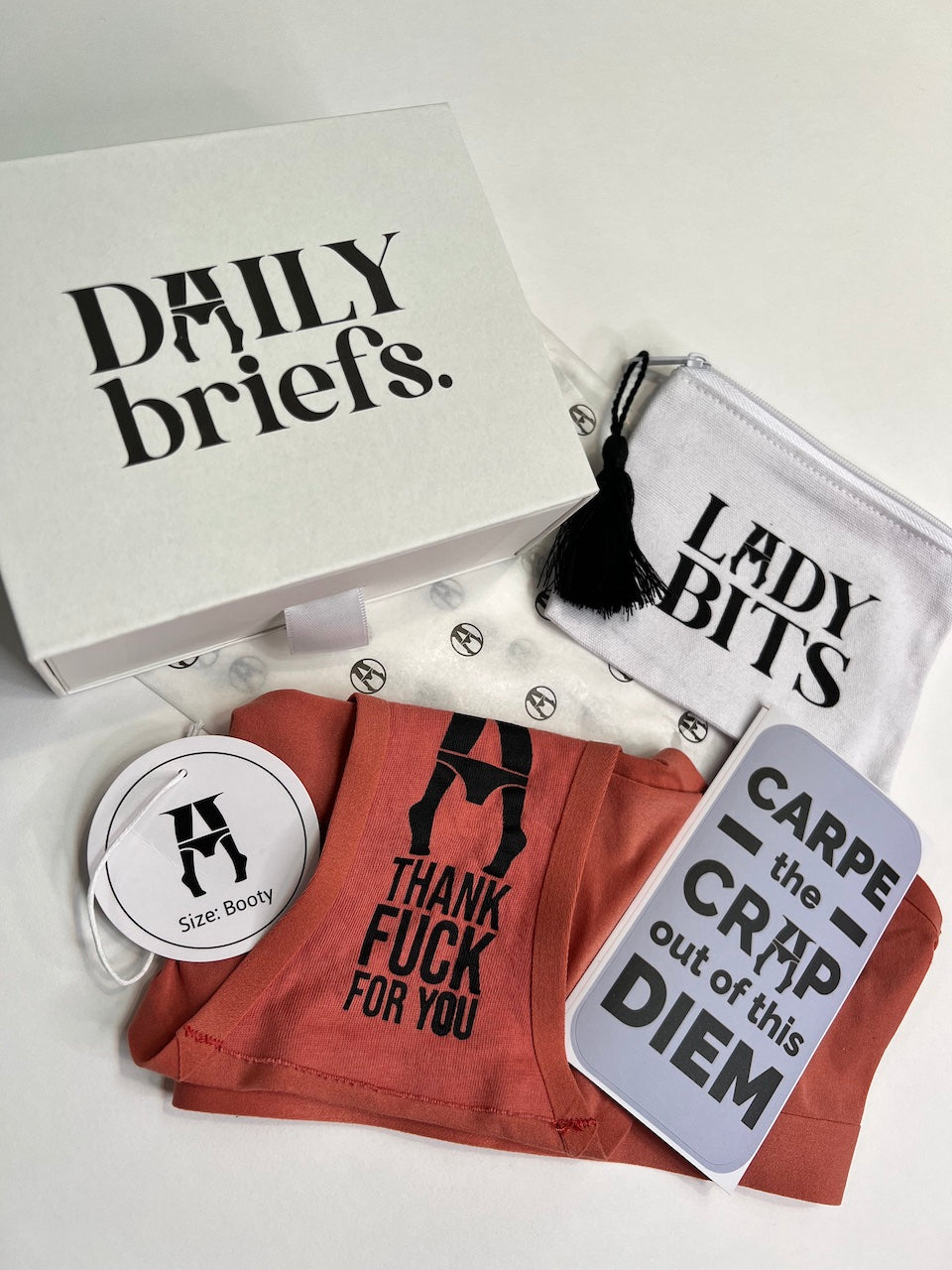 the whole package gift box for women including daily briefs underwear, carpe diem sticker, lady bits free gift and our custom gift box